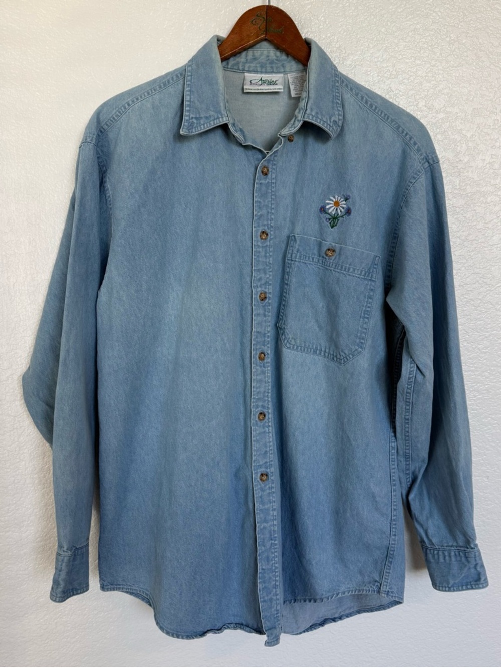Vintage Artisans Sunchein Designs Denim Shirt Womens Medium Daisy Floral Made US